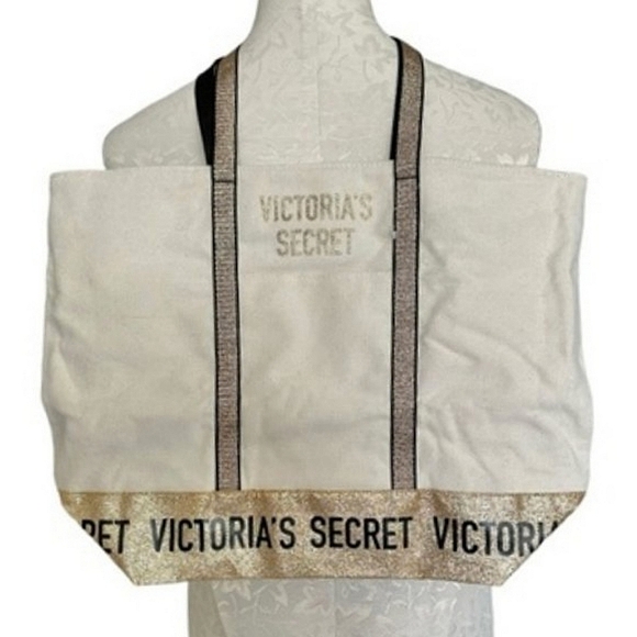 Victoria’s Secret Canvas & Gold Glitter Trim Tote Bag Zipper Top - Picture 3 of 14